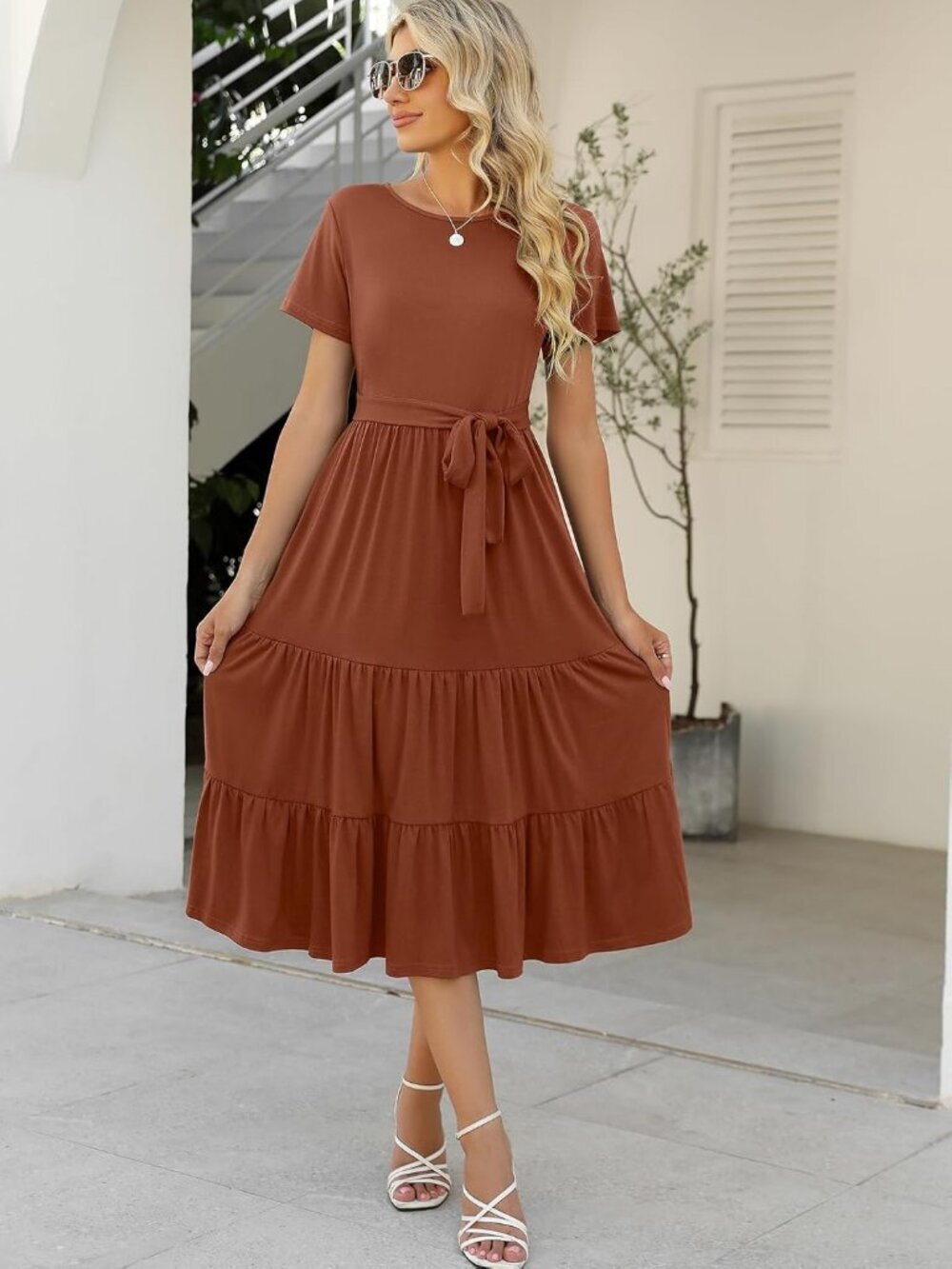 Women's Red Brown Tiered Short Sleeve Belted Pocket Ruffle Midi Maxi Dress - Picture 6 of 6